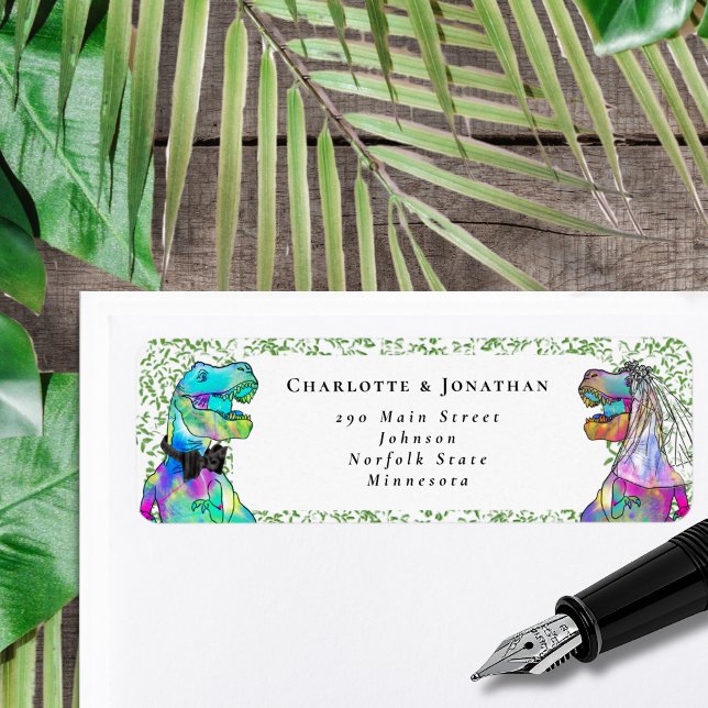 Étiquette Mariage sur le thème des dinosaures Adresse de ret (T-Rex bride and groom dinosaur wedding invitation return address label sticker watercolor)