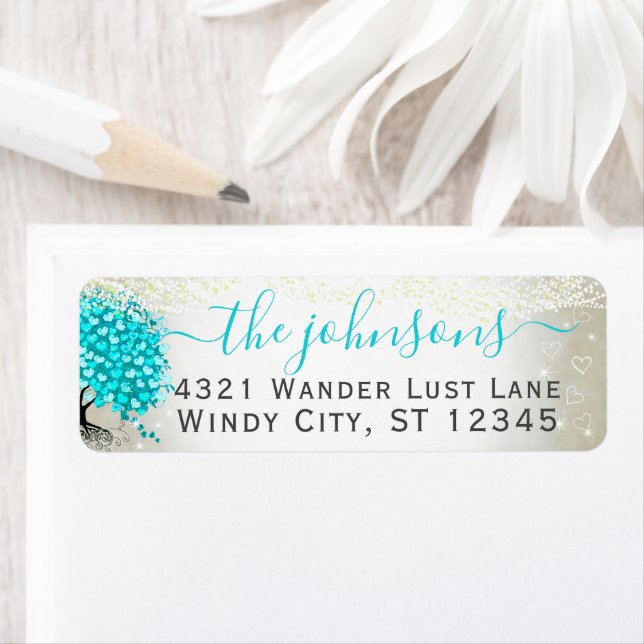 Étiquette Mariage Turquoise Turquoise Aqua Blue Heart Leaf T (En situation)