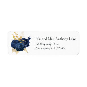 Étiquette Mariage vintage aux roses en bleu marine et or