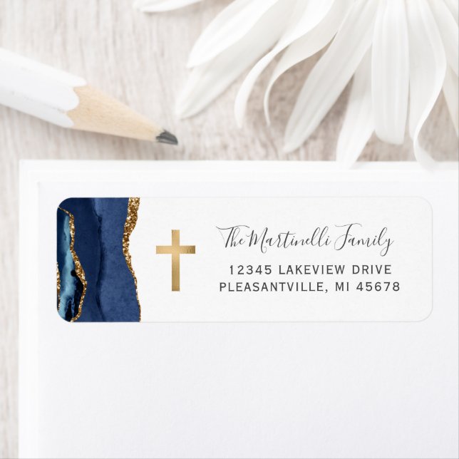 Étiquette Marine Blue Agate Gold Cross Adresse de retour (En situation)