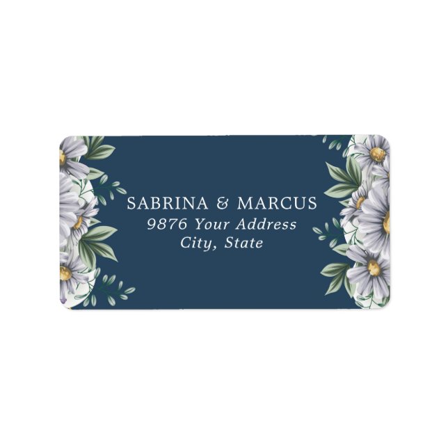 Étiquette Marine Blue Daisy Floral Feuille Mariage Adresse (Devant)