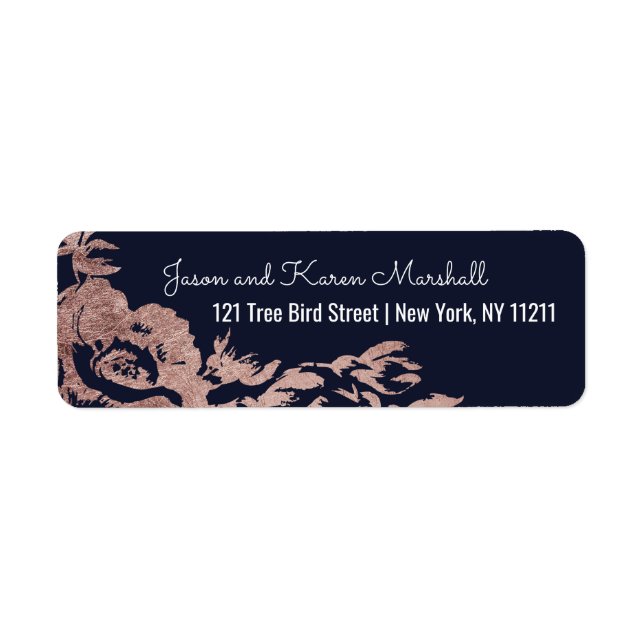 Étiquette Marine Blue et Rose Gold Floral Adresse (Devant)