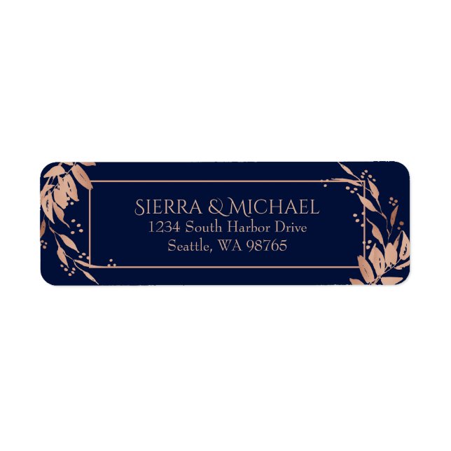 Étiquette Marine Blue Rose Gold Foliing Mariage Adresse de r (Devant)