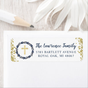 Étiquette Marine Blue Wreath Gold Adresse de retour religieu