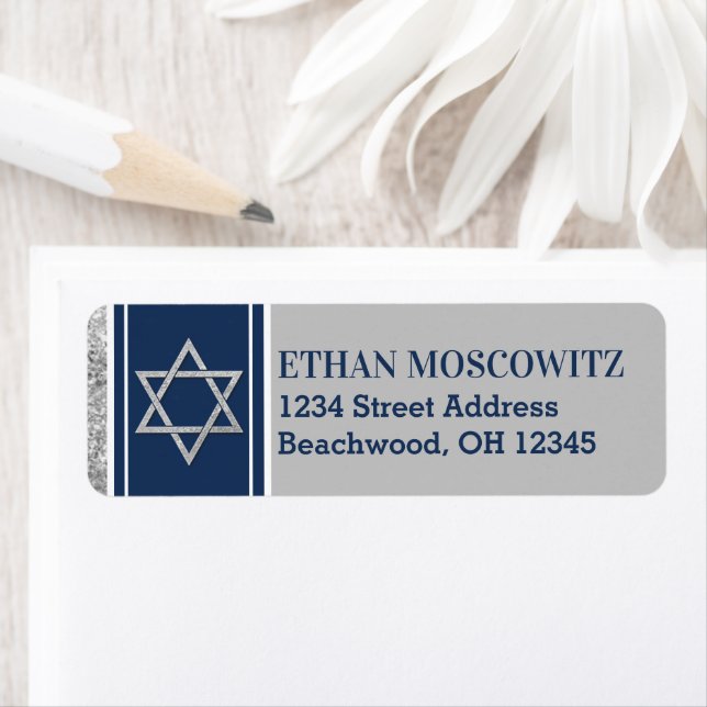 Étiquette Marine, Grey, Étoile blanche de David Bar Mitzvah (En situation)