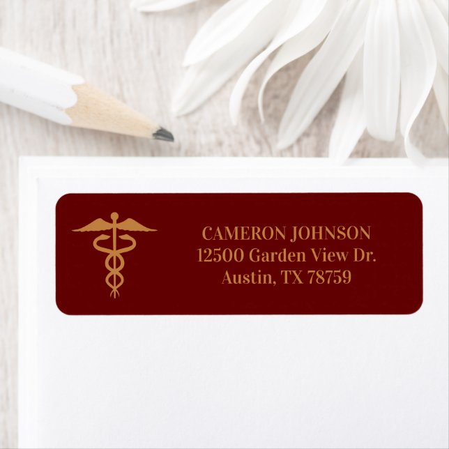 Étiquette Maroon Gold Médicale Caduceus Doctor Adresse de re (En situation)