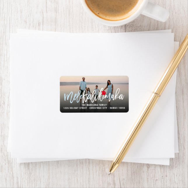 Étiquette Mele Kalikimaka Brush Script Photo Holiday Adresse (En situation)
