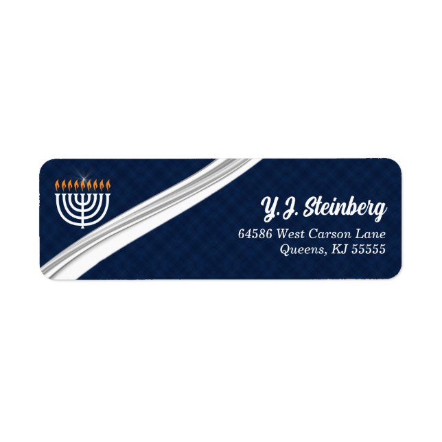Étiquette Menorah blanche moderne et adresse Hanoukka bleue (Devant)
