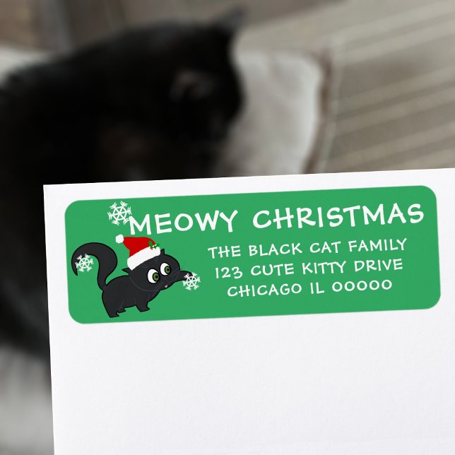 Étiquette Meowny Christmas Père Noël Cat Pet Retourner l'adr (Meowy Christmas! A cute kitten wearing a santa hat on your return address labels. Happy Pawlidays!)