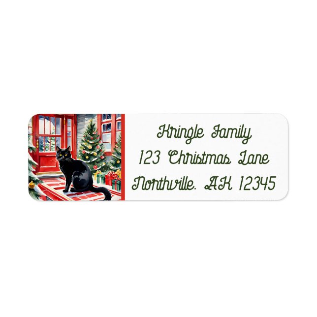 Étiquette Meowy Christmas Tree & Black Cat Adresse de retour (Devant)