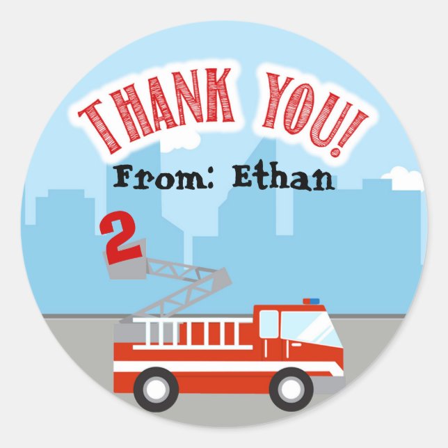 Étiquette Merci d'anniversaire de Firetruck Ajoute (Devant)