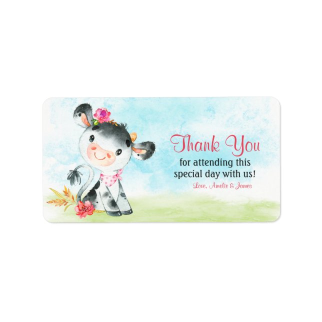 Étiquette Merci de Baby shower de la ferme de la vache Water (Devant)