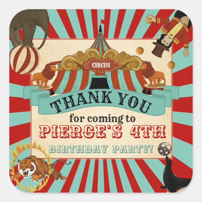 Étiquette Merci fête d'anniversaire du cirque Favo (Devant)