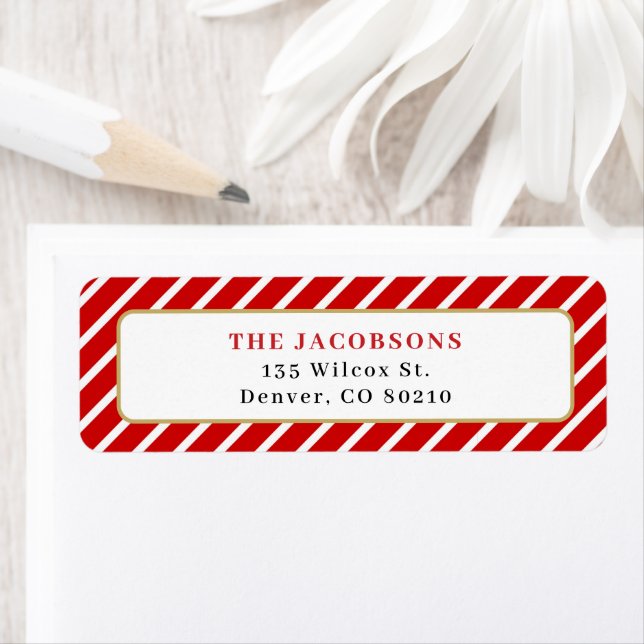 Étiquette MERI Red White Strip Gold Christmas Adresse de ret (En situation)