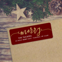 MERRY Script Gold Foil Dark Red Christmas Adresse