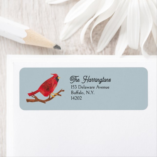 Étiquette MidCentury Modern Cardinal Bird Art Retour Adresse (En situation)