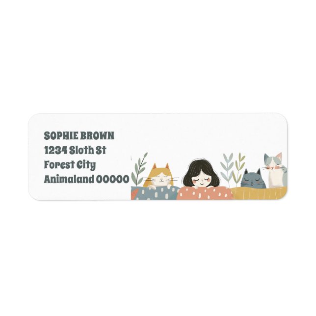 Étiquette Mignonne fille avec chats Whimsical Adresse de ret (Devant)