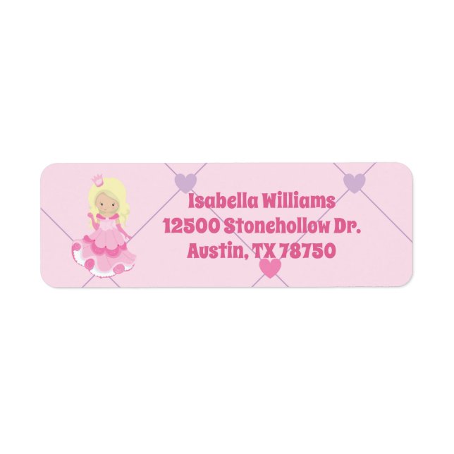 Étiquette Mignonne Princesse Anniversaire Fille Rose Adresse (Devant)