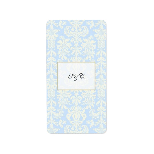 Étiquette Mini-Wrapper Mariage damassé bleu/blanc (Devant)