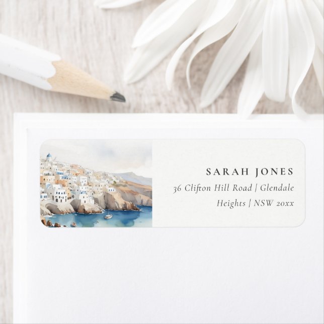 Étiquette Minimal Chic Santorini Grèce Aquarelle Adresse (En situation)