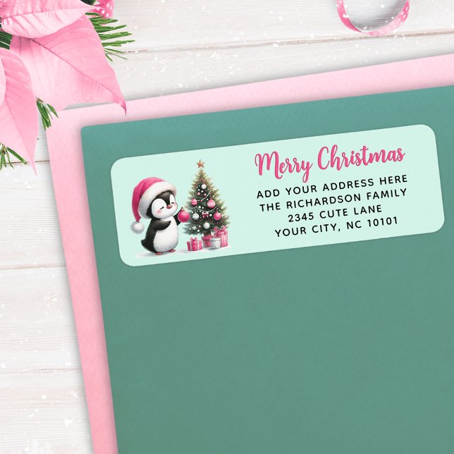 Étiquette Mint Vert rose Joyeux Noël Amusant Penguin moderne (Créateur téléchargé)