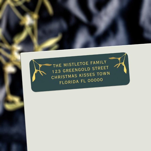 Étiquette Mistletoe de Noël Green Holiday Adresse de retour (Add your details to these festive green and gold mistletoe return address labels)