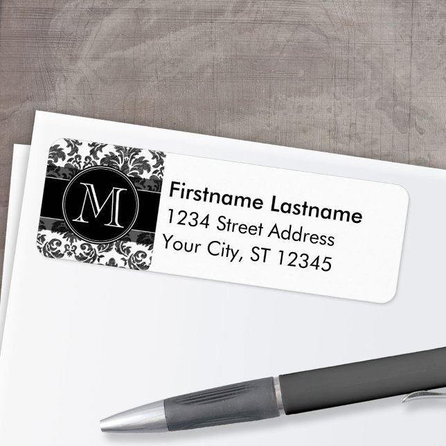 Étiquette Modèle de Damas de tableau noir et blanc (Custom Return Address Label)