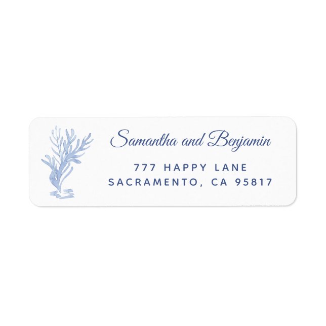Étiquette Modern Beach Wedding Blue and White Adresse de ret (Devant)