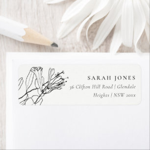 ÉTIQUETTE MODERN BLACK AND WHITE LINE DRAWING FLORAL ADDRESS