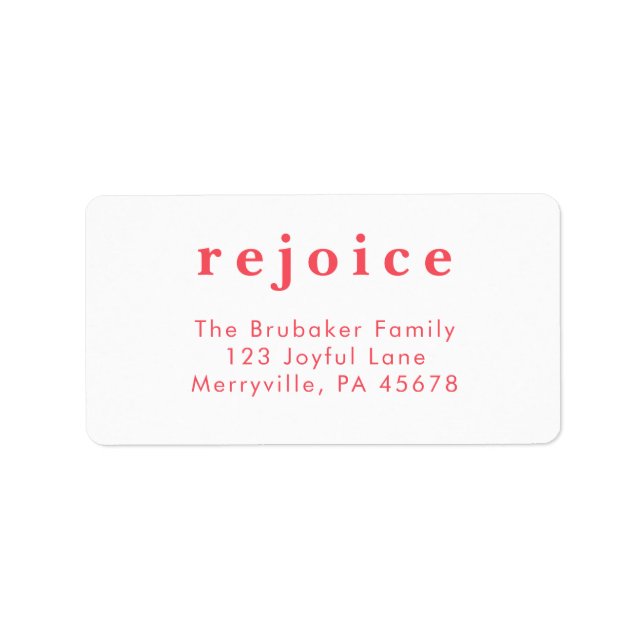 Étiquette Modern Bright Red Rejoice Christmas Card Address (Devant)