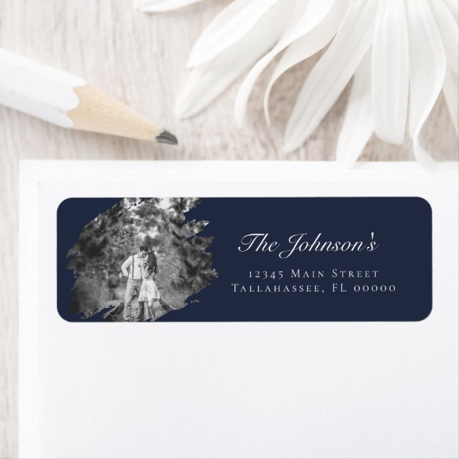 Étiquette Modern Brushstroke Photo Wedding | Navy Blue (En situation)