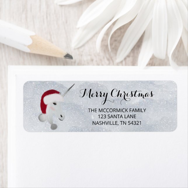 Étiquette Modern Christmas Unicorn Red White Adresse de reto (En situation)