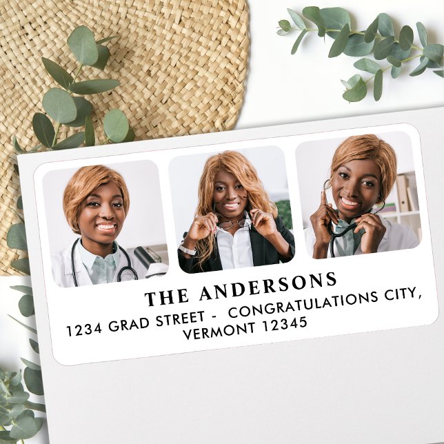 Étiquette Modern Custom 3 Photo Graduation Adresse de retour (Créateur téléchargé)