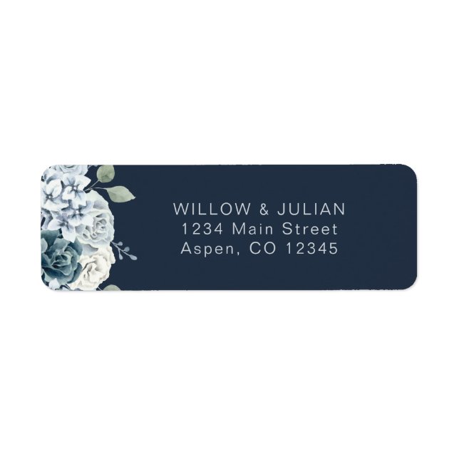 Étiquette Modern Navy Blue Floral Mariage Adresse de retour (Devant)