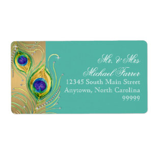 Étiquette Modern Peacock Feather Faux Jewel Scroll Turquoise