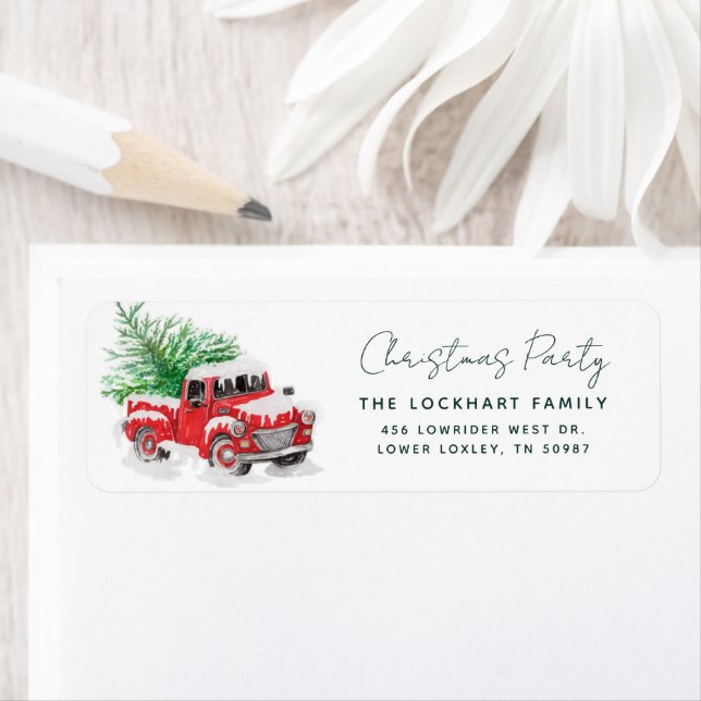 Étiquette Modern Red Truck Christmas Party Retourner l'adres (En situation)