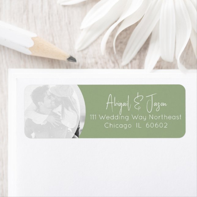 Étiquette Modern Sage Green Mariage Photo Retour Adresse (En situation)
