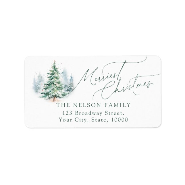 Étiquette Modern Script Christmas Tree Return Address (Devant)