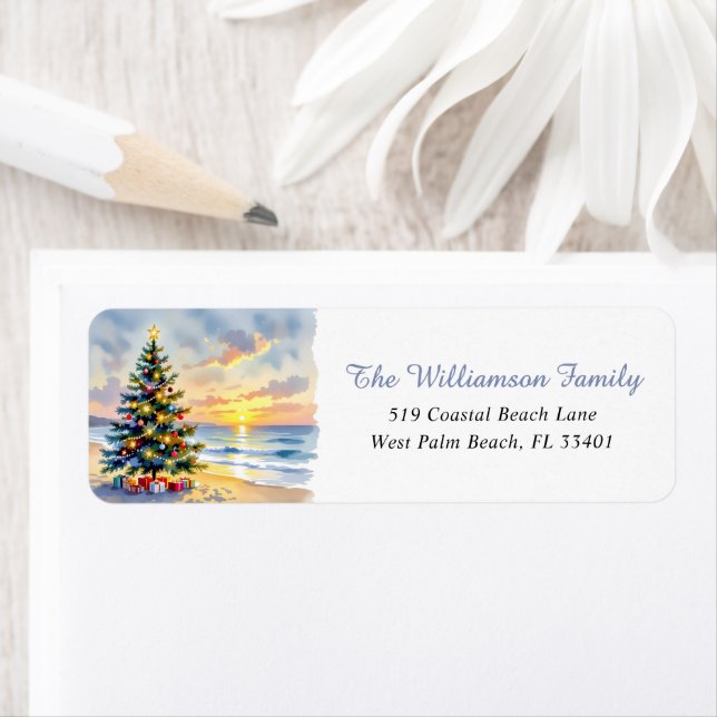 Étiquette Modern Watercolor Festive Beach Coastal Christmas (En situation)