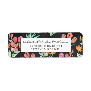 Étiquette Moderne Black Orange Rouge Tulips Floral Aquarelle