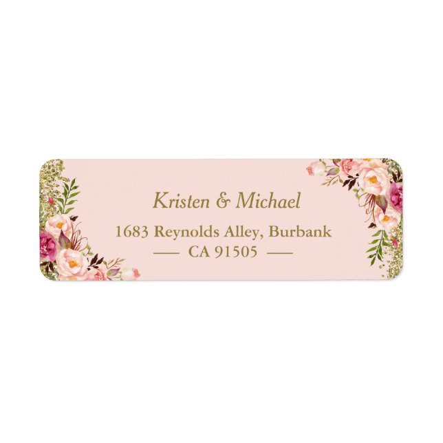 Étiquette Moderne floral rose poudré et paillettes dorées (Devant)