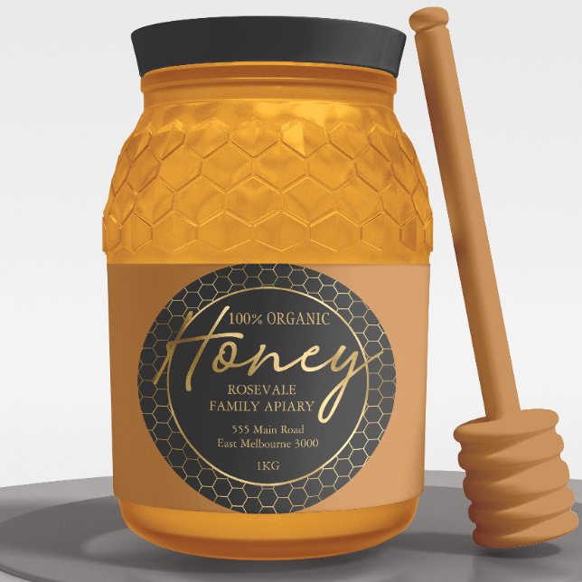 Étiquette moderne Gold Charcoal Honeypeb Honey Api (Créateur téléchargé)