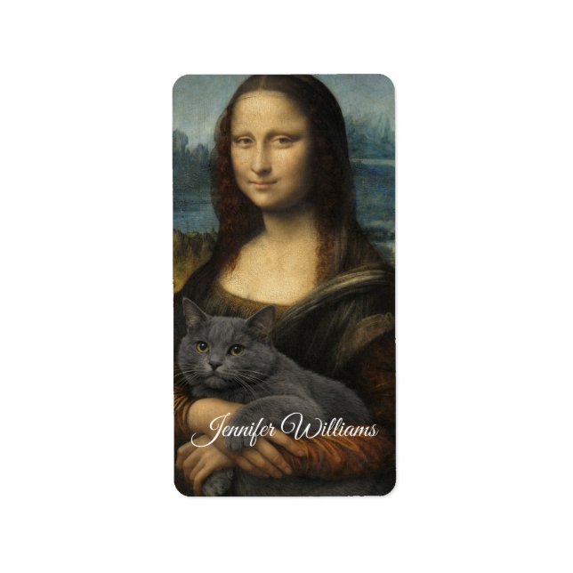 Étiquette Mona Lisa Holding Elegant Gray Cat                 (Devant)