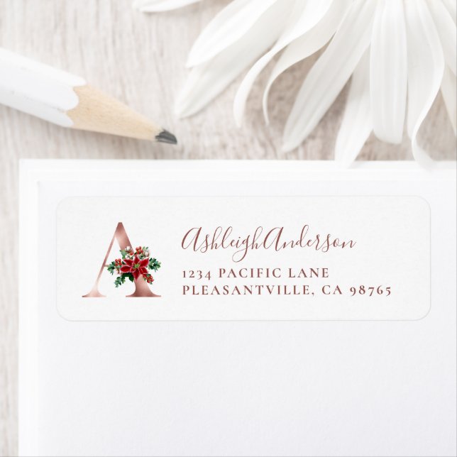 Étiquette Monogram A Christmas Rose Gold Adresse de retour (En situation)