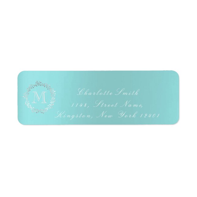 Étiquette Monogram Aqua Blue Grey Silver Wreath Blush RSVP (Devant)