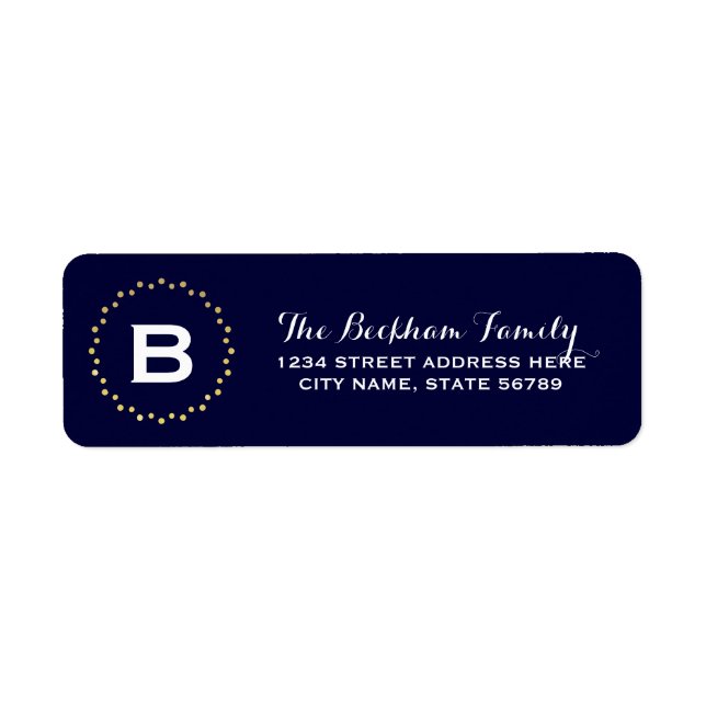 Étiquette Monogram Gold Dots Adresse de retour Label / Marin (Devant)