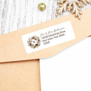 Étiquette Monogram Pinecone & Sage Green Wreath Holiday