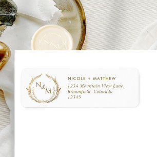 Étiquette Monogram White et Gold Mariage Adresse de retour