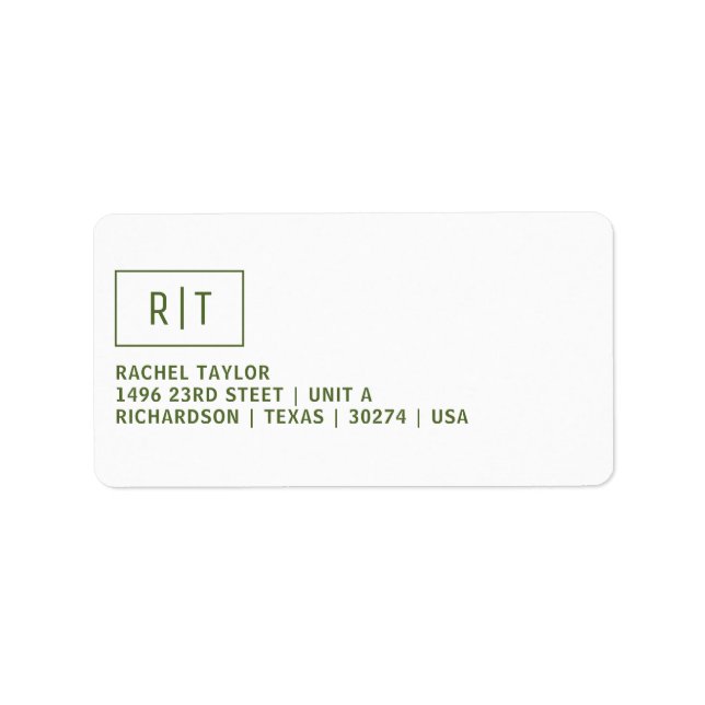 Étiquette Monogramme Adresse de Retour Vert Olive Foncé Mode (Devant)