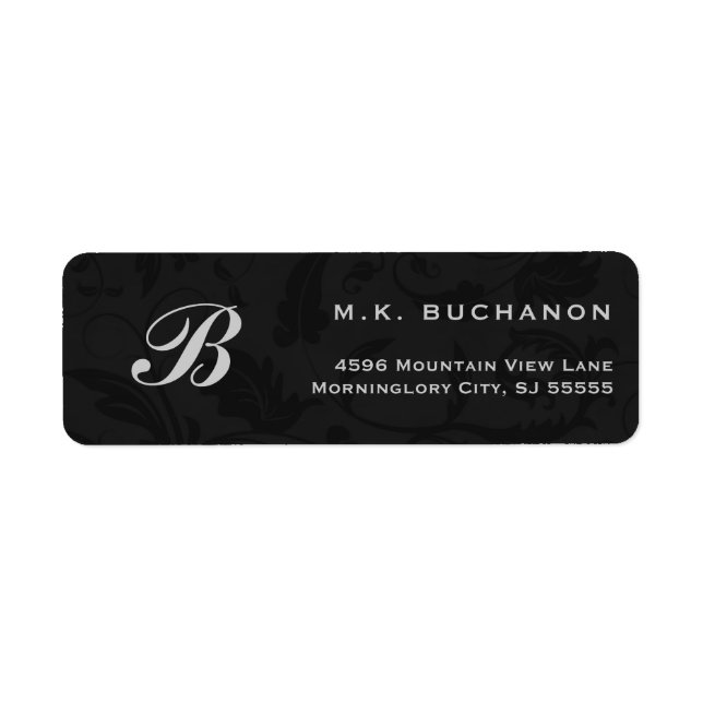 Étiquette Monogramme argenté sur Damas noir Adresse de retou (Devant)